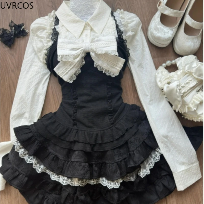 Y2k Aesthetic Lolita Style 3 Piece Set Women Kawaii White Shirt Bow Lace Vest Ruffle Mini Skirts Japan Fashion Gothic Skirt Suit 4
