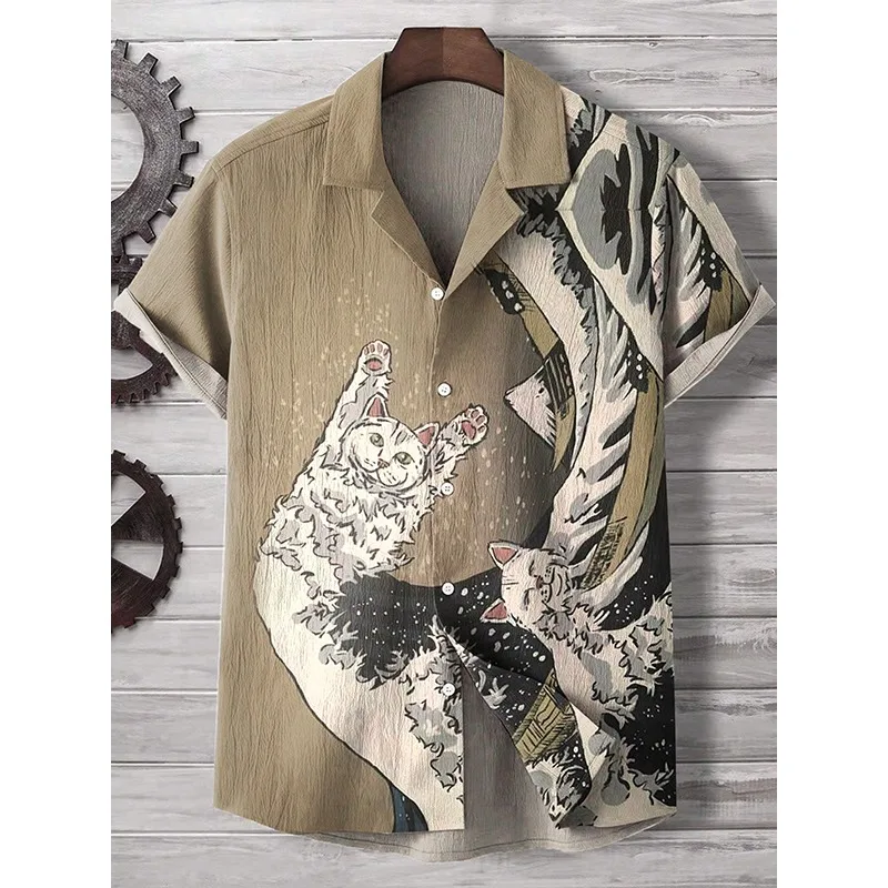 Men's Japanese Ukiyo-e Wave Bottle Cat Art Printed Casual Shirt Harajuku Summer Button Down Casual Shirts Holiday Couple Tops
