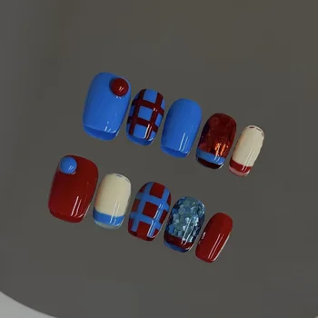 10PCS Simple Blue Short Square Handmade Press on Nail Sweet Cool Sequin Red Checkered Patterns Fake Nail Artificial Wearable Tip