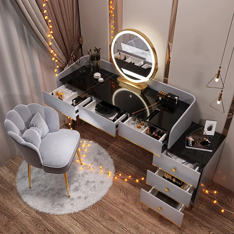 

Bedroom Vanity Makeup Table Mirror Minimalist Luxury Toiletry Stool Multi Function Light Dresser Lamp Furniture