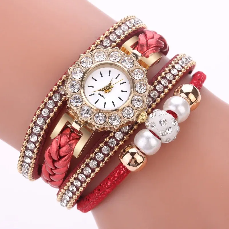 New Women's Vintage Multilayer Rhinestone Leather Bracelet Watches Ladies Quartz Wristwatches Gifts