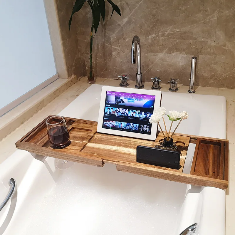 

Adjustable Home Spa Wooden Bath Tray Bamboo Handmade Bathtub Caddy Organizer Rack Bathroom Accessories Bathtub Rack Stand Holder