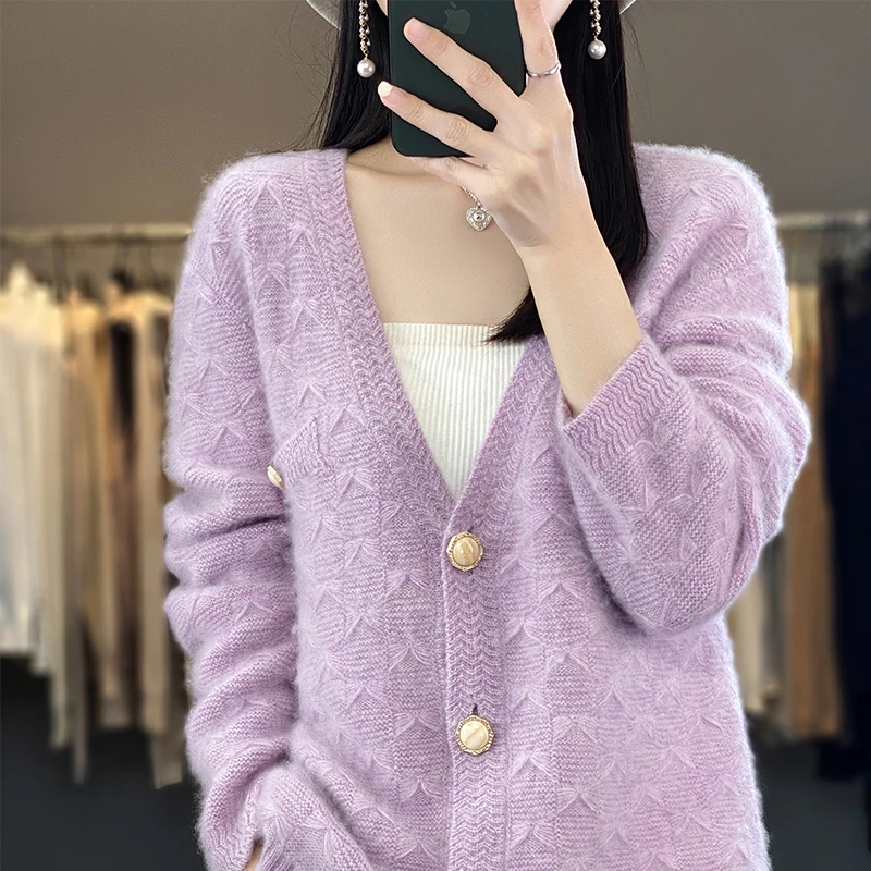 

100% Merino Wool Sweater Women's Clothing V-neck Cardigan Casual Knitting Large Jacket Autumn Winter New Top Fashion Korean