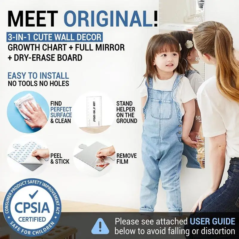 Mirrored Growth Chart Shatterproof Acrylic Height Measurement Mirror Ruler Puzzle Children Height Chart Mirrors with Marking