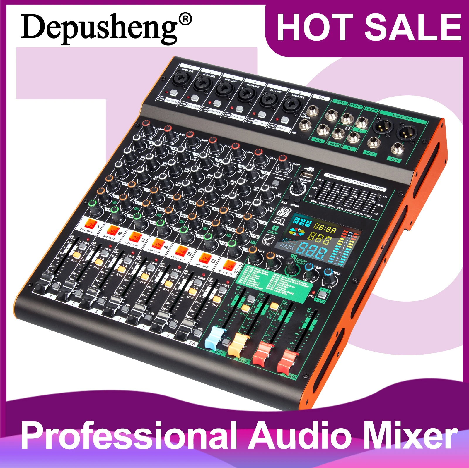 Depusheng TC8 Professional Audio Mixer 99 DSP 8 Channel Dual Group DJ Console Mixing 48V Phantom Power USB for Stage Bar Record