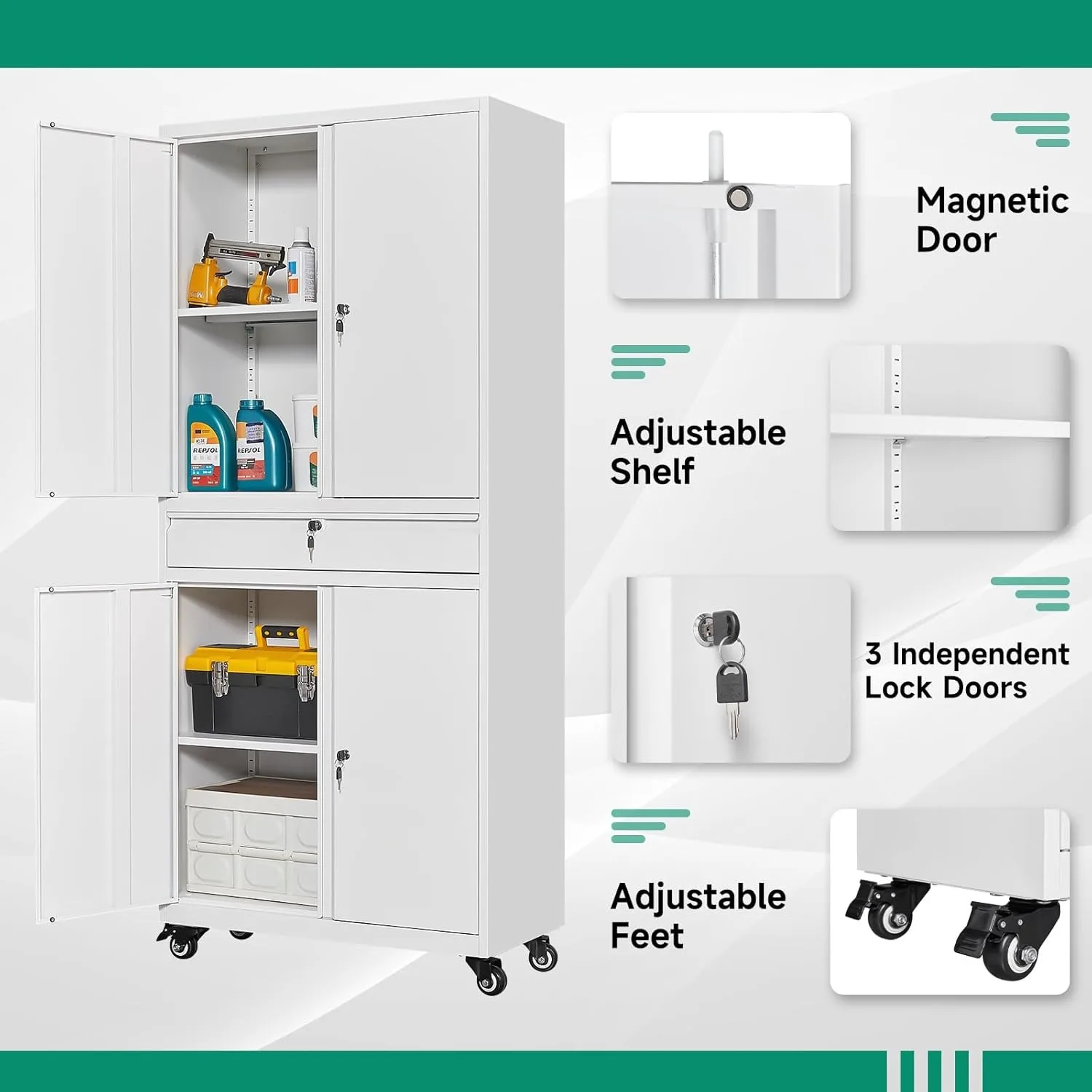 Metal Garage Storage Cabinet w/ Wheels,72“ Rolling Tool Cabinet w/ 4 Door Lock-Adjustable Shelves and Drawer (White with Wheels) 4