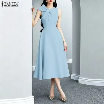 2026 Summer Sleeveless Bows Party Dress ZANZEA Elegant Women OL Work Midi Dresses Stylish Solid A Line Holiday Sundress Vestido 1
