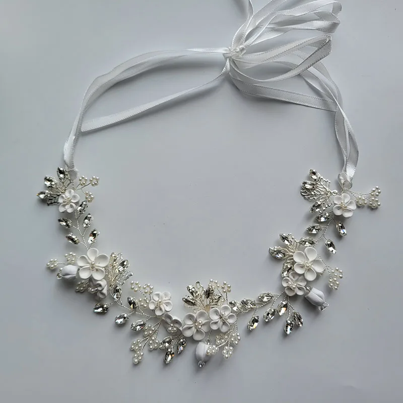 SLBRIDAL Handmade Alloy Flower Leaf Rhinestones Ceramic Flower Bridal Headband Wedding Headpieces Women Girls Hair Jewelry