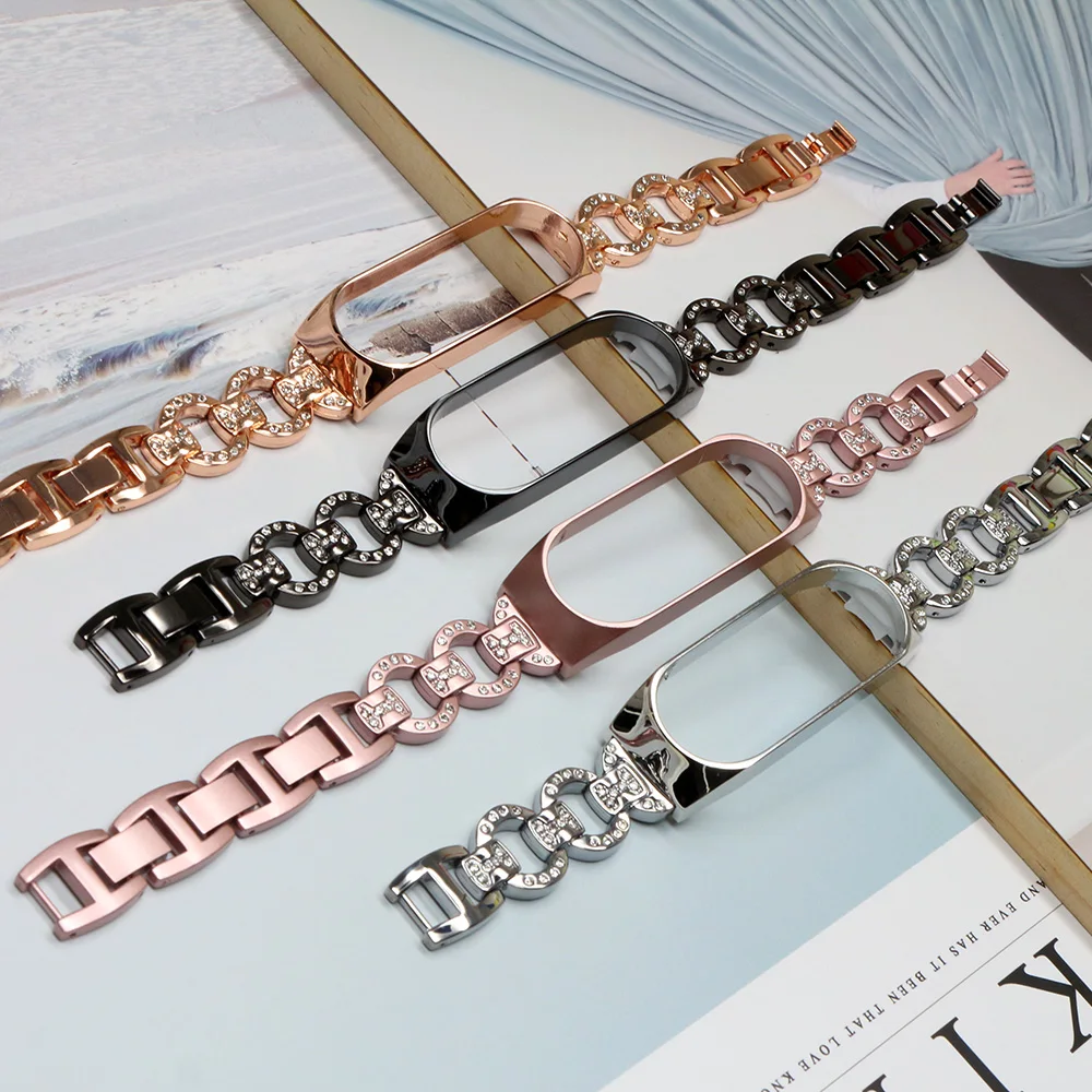 

Dressy Metal Bracelet for Mi Band 5 6 7 Strap Luxury Wristband Accessories for Xiaomi Band 3 4 Watchband Replacement Pink Bling