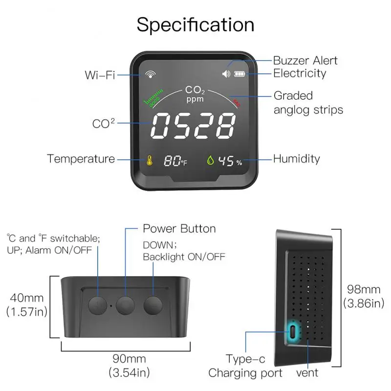 

Датчик CO2 Tuya 3 в 1, умный измеритель углекислого газа, Wi-Fi, с ЖК-экраном
