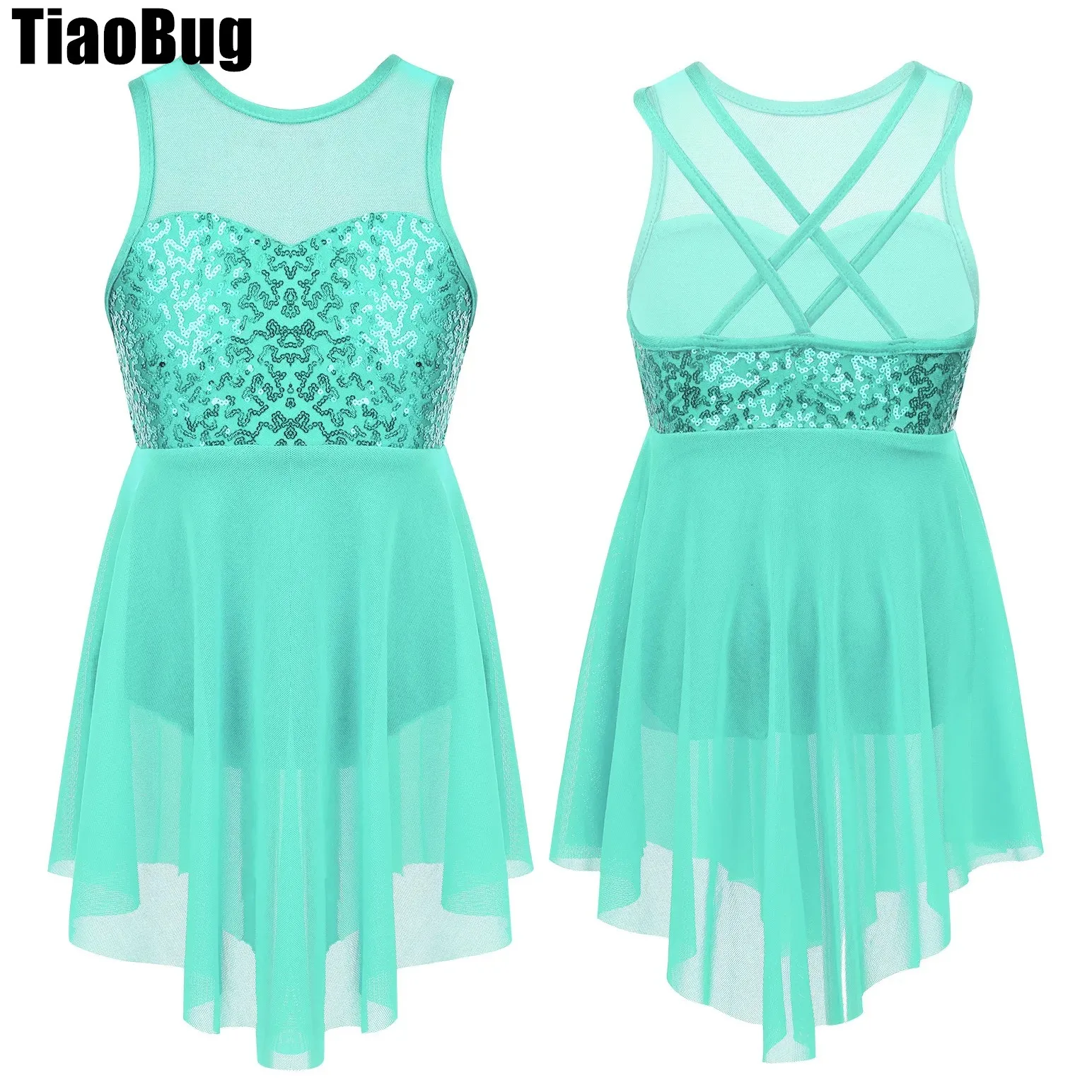 

Kids Girls Sequins Dance Dress Sleeveless Illusion Sweetheart Criss-Cross Back Irregular Hem Lyrical Dance Costume Dress