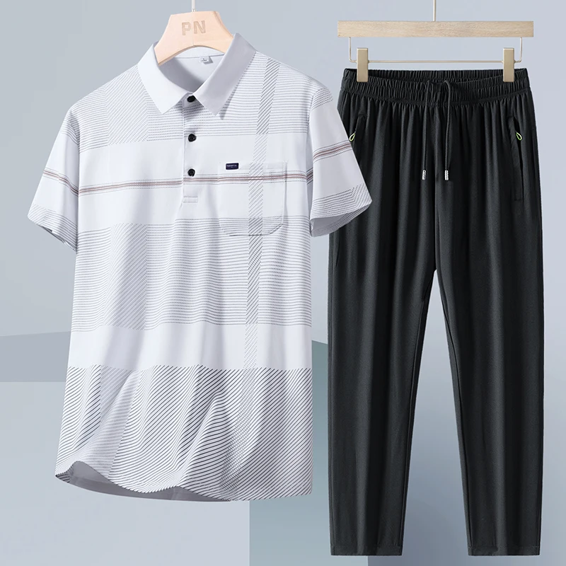 طقم قميص بولو كاجوال للعمل للرجال مع بنطلون كتان