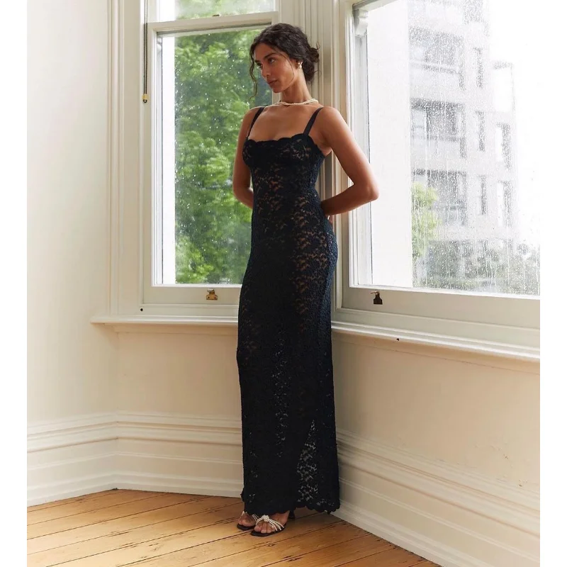Lace Black Dress Female Slim Hollow Out Spaghetti Backless Dress Elegant Party Evening Gown Split Women Maxi Dress Summer