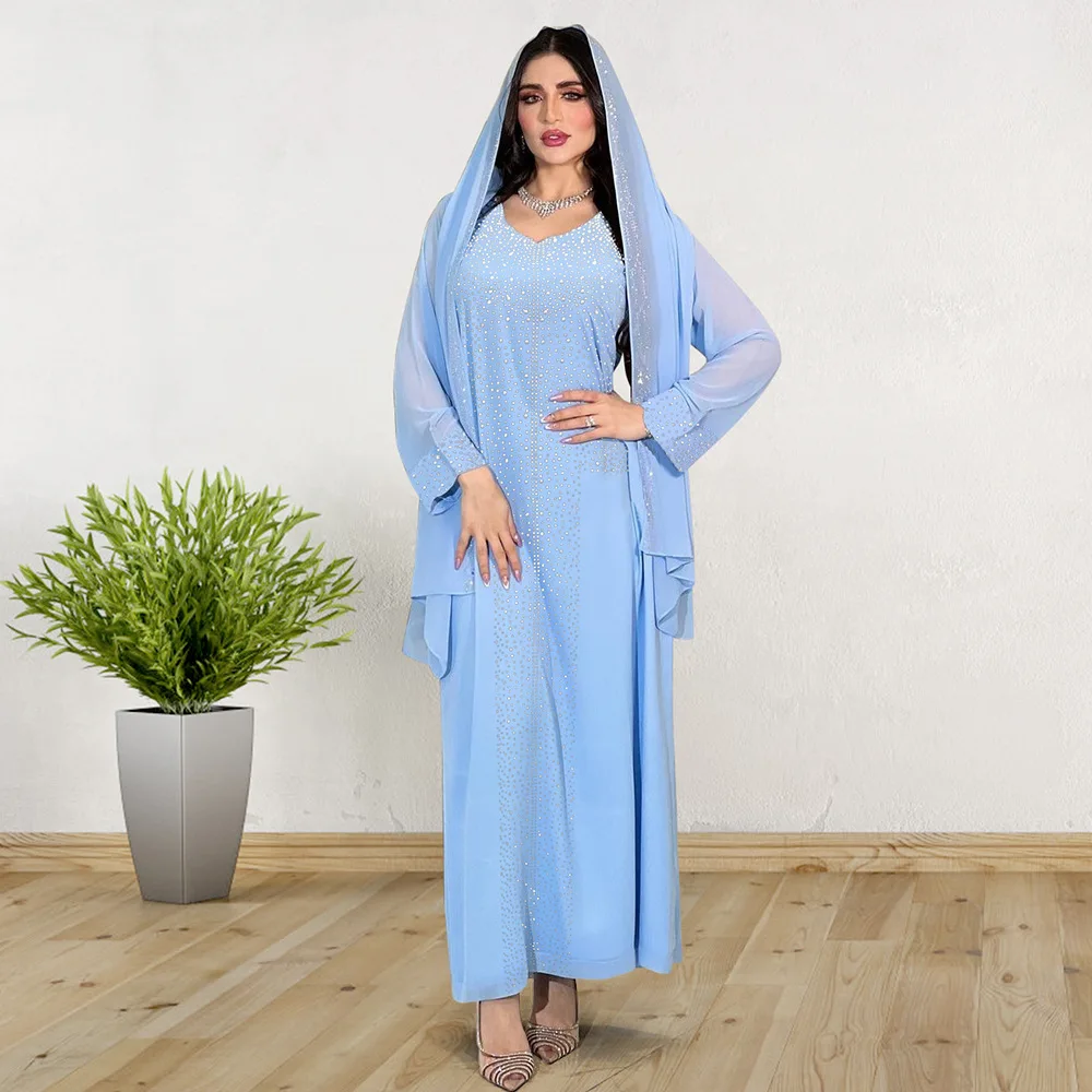 Abaya Dress Muslim Elegant Long Sleeve V-neck Blue Pink Diamonds Party Evening Long Dress Maxi Dress Muslim Fashion Abaya