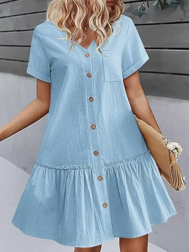 Casual Solid Ruffles Dress For Women Fashion Short Sleeve V Neck Button 