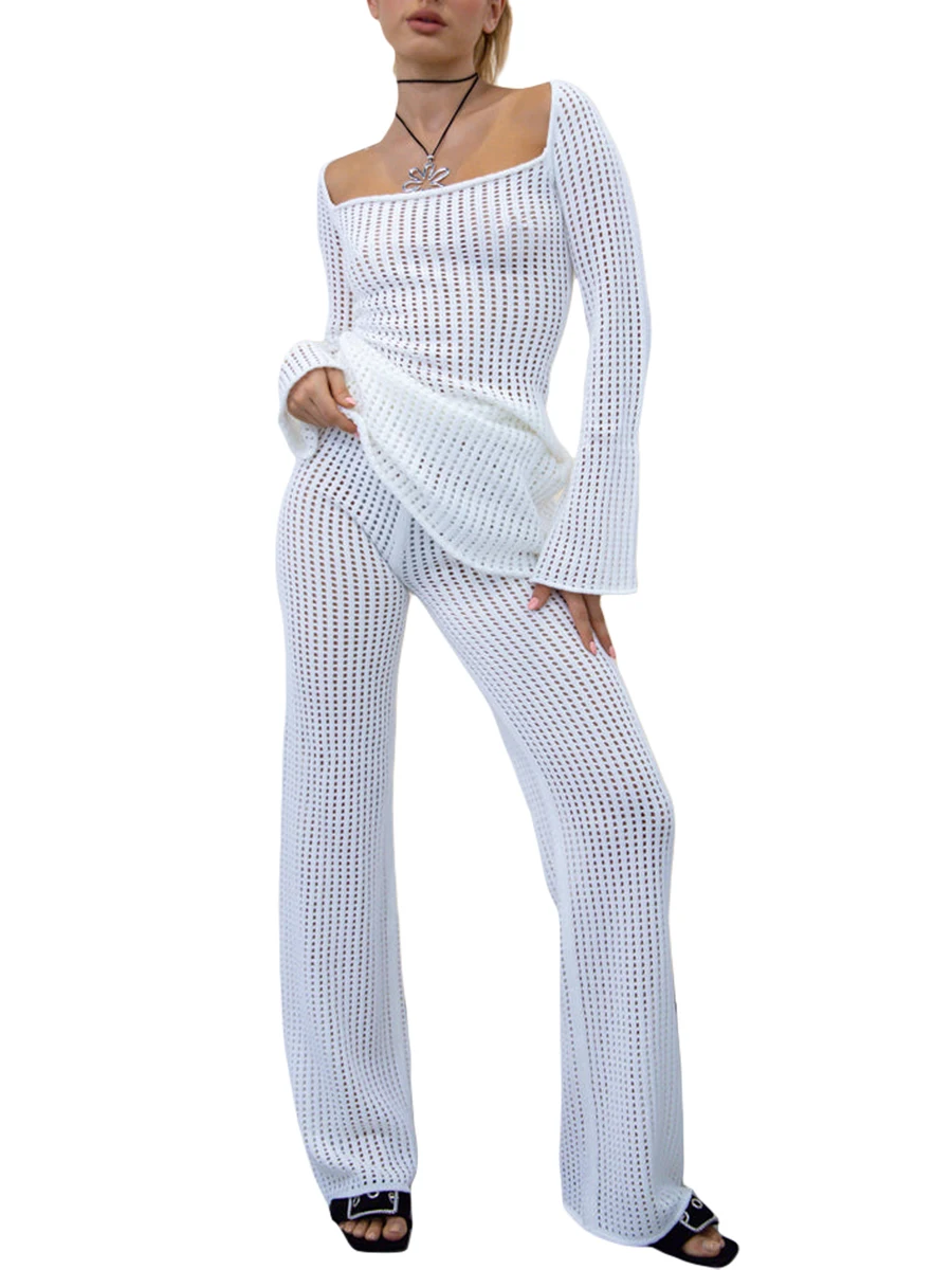 

Women Sheer Mesh Pants Swimsuit Cover-up Bottons Summer See Through Beach Lace Wide Leg Long Trousers