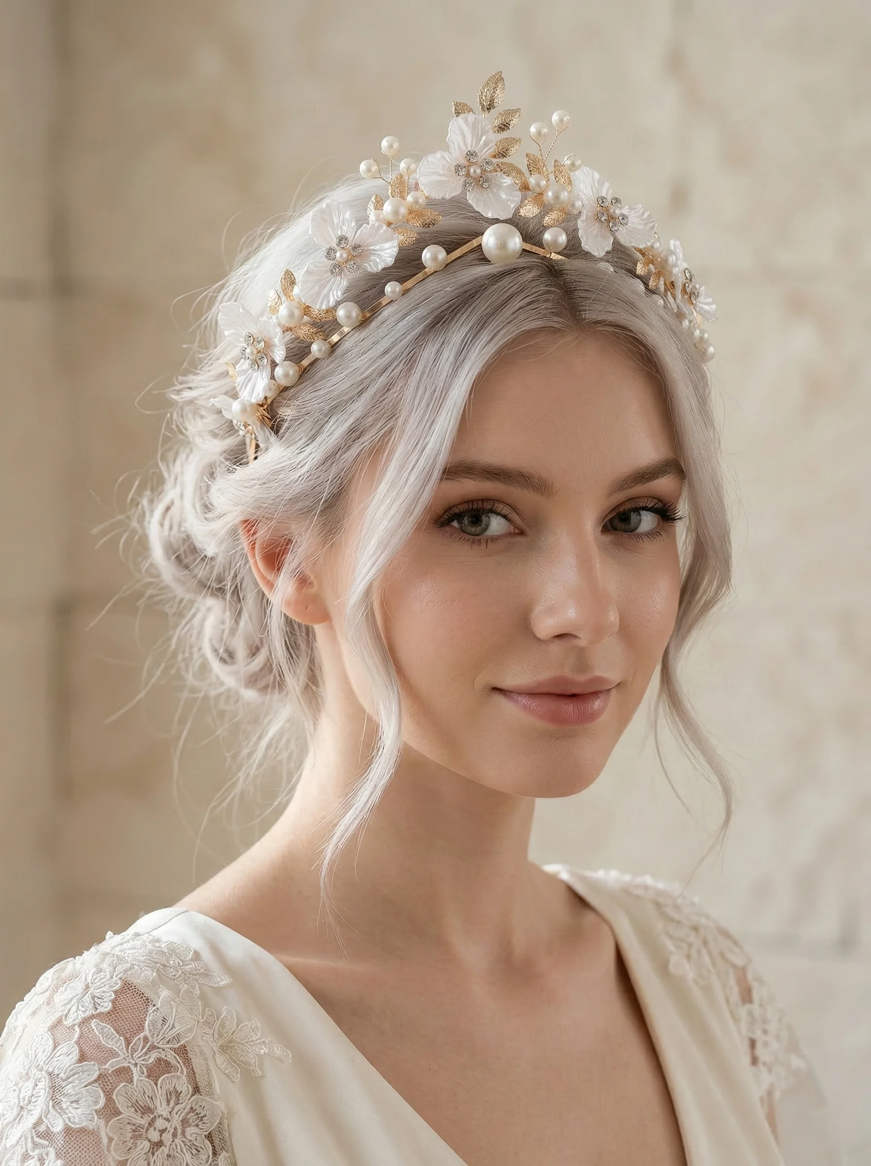 Luxuriöse Weiße Acryl-Blumen Hochzeits-Tiara Kristall-Perlen Braut-Stirnband Goldblatt Haarschmuck Party-Kopfschmuck für Frauen – Detail 2