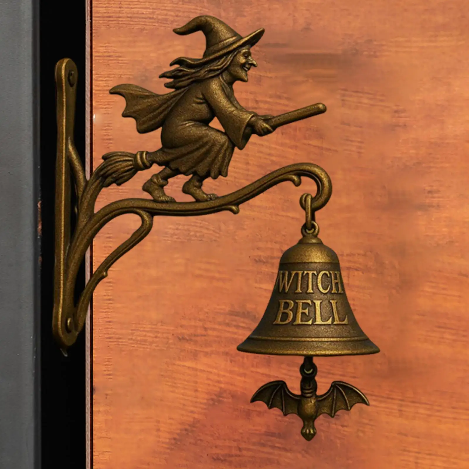 도어 벨 할로윈 마녀 빗자루 타고 골동품 스타일 장식 초인종 상점 주인 정문 농가 외부 벽 마당