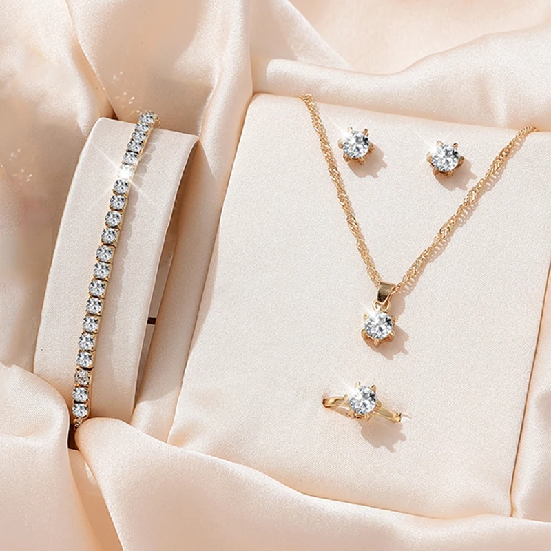 Jewelry Sets 5Pcs For Women Necklace Earrings Ring Bracelet Bridal Wedding