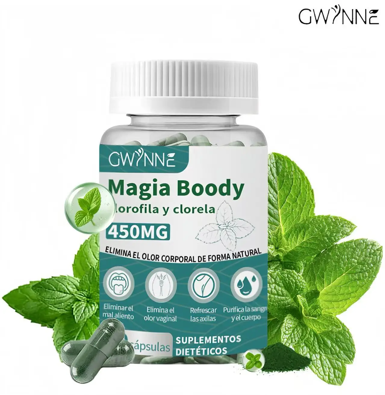 Gwynne Premium Liquid Chlorophyll Tablets (450Mg) with Chlorella - Natural Supplement for Detoxification and Body Purification - Promotes Fresh Breath and Healthy Skin - 60 Capsules