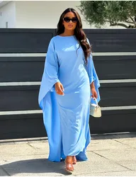 Autumn Fashion Solid Color Party Dress Muslim Women Round Neck High Waist Large Swing Long Dress Elegant Dress