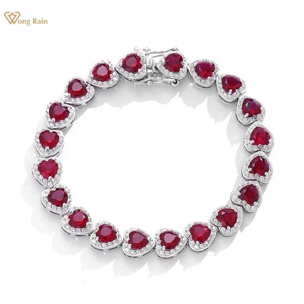 

Wong Rain 925 Sterling Silver 7.6MM Heart Lab Ruby High Carbon Diamonds Gemstone Bracelet Bangle Fine Jewelry Anniversary Gift