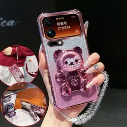 Shockproof Phone Case with 3D Bear Stand and Glitter Crystal Chain Lanyard - Xiaomi 17 Pro Max (Pink)