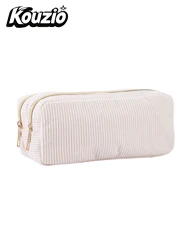 Aesthetic Solid Color Corduroy Pencil Case - Double Zipper Large Capacity Stationery Organizer (WHITE)