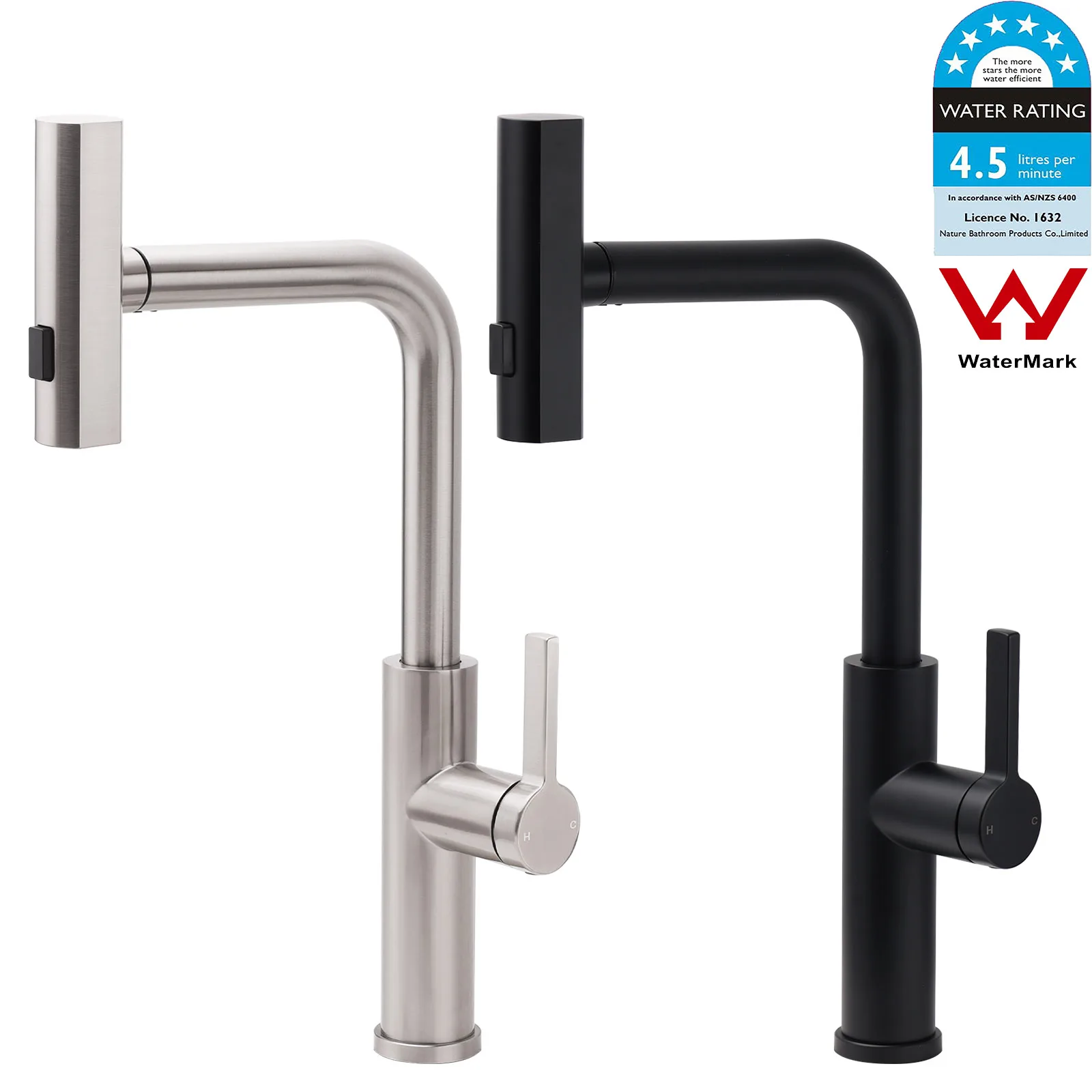 **Sydney Stock** KYLINS Brushed Nickel / Matt Black 3 Mode Pull Out Kitchen Mixer Tap Sink Waterfall Spray Faucet WaterMark Wels