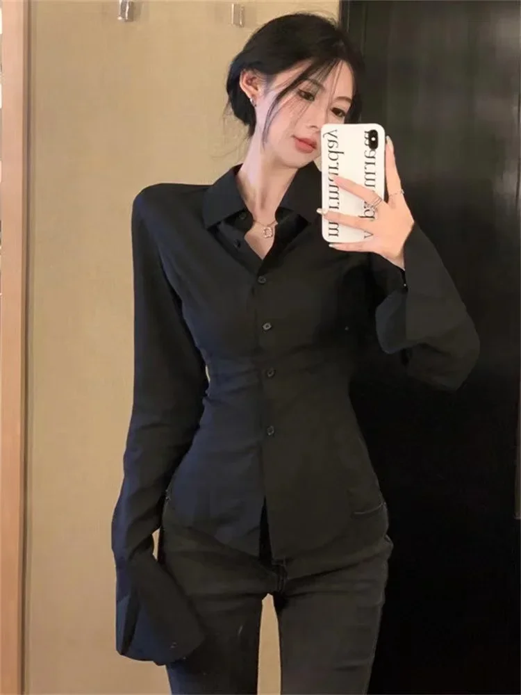 

2024 Blusas De Mujer Fashion Korean Temperament Blouse Tops Black Shirts Women Clothing Slim Waist Flare Sleeve Blouses