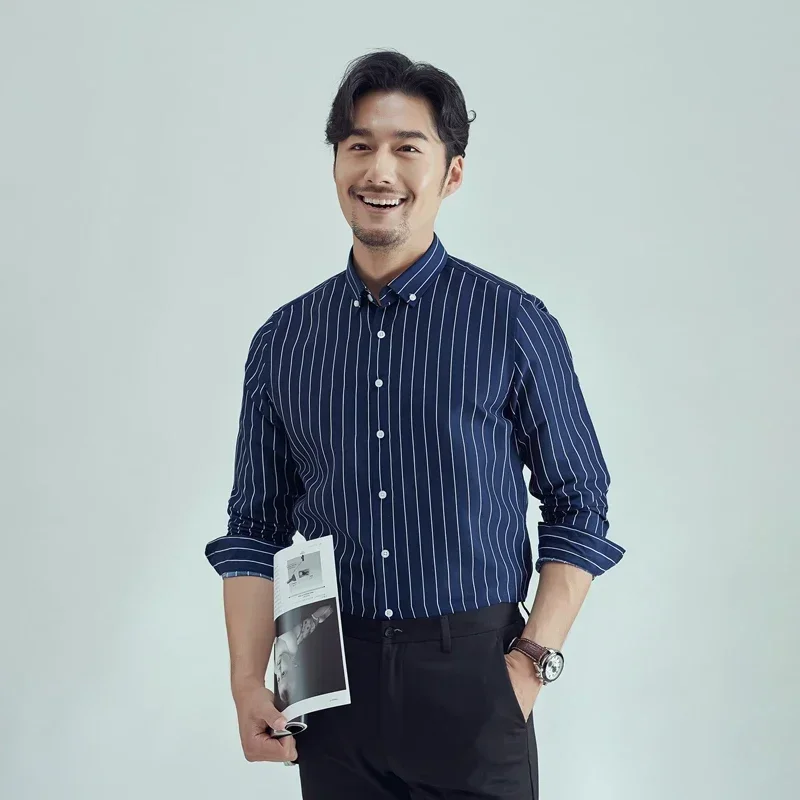 남성용 캐주얼 코튼 셔츠, 단추 부드럽고 얇은 비즈니스 긴팔 스트라이프 셔츠, 라펠 아우터 스트리트웨어, 새로운 트렌드