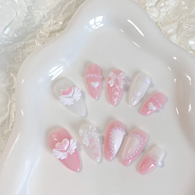 10PCS Almond Shaped Nails - Sweet Heart Nail Art