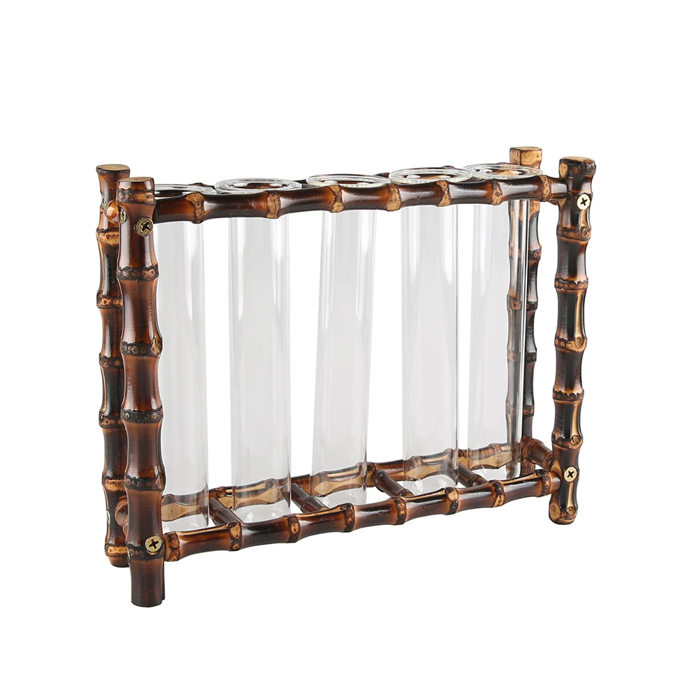 Tabletop Decoration Test Tube Bamboo Wood Propagating Station Rack Hydroponic Plants Flower Bud Planter Glass Vase Terrarium 6