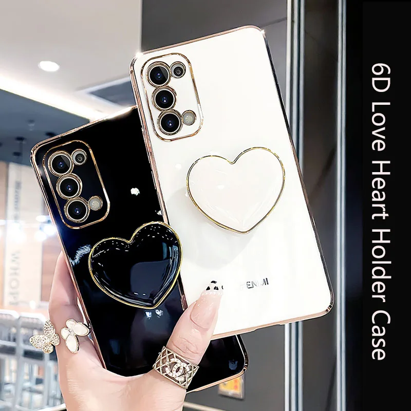 

Girl Phone Case On For Xiaomi Redmi Note 8 T 8t 7 Note8 2021 Note8t Plating Love Heart Fold Holder Luxury Stand Silicone Cover