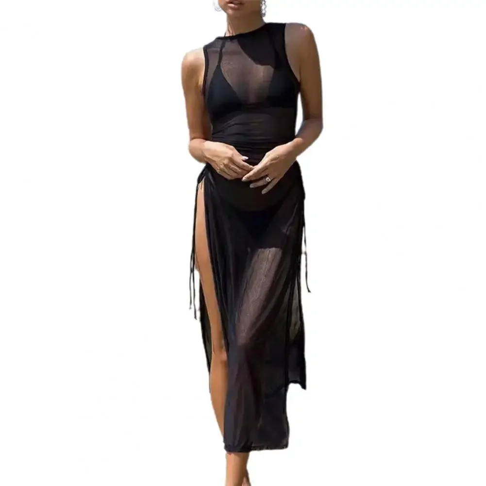 O-neck Side High Split Shirring Cover Up Dress Women Mesh Transparent Sleeveless Sunscreen Dress For Vacation 4