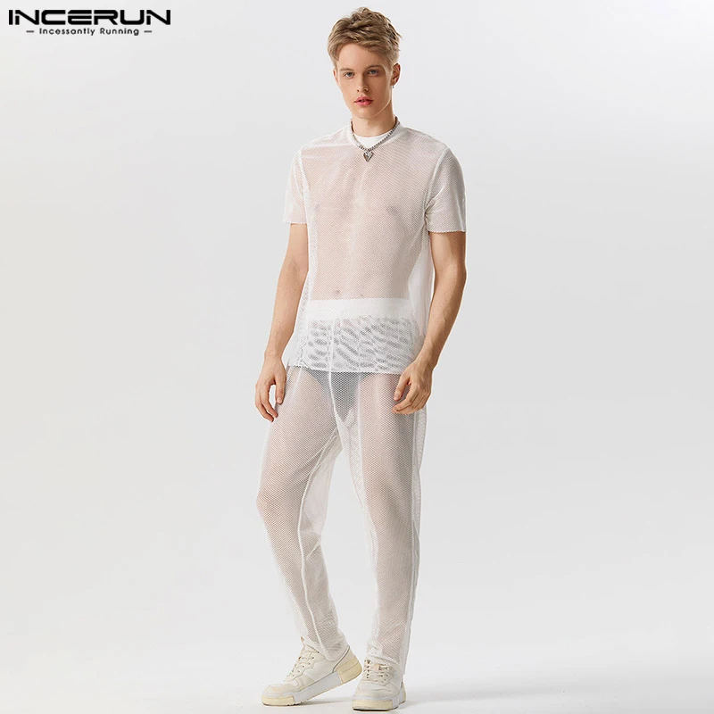 

Men Sets Mesh See Through Streetwear O-neck Short Sleeve T Shirt & Drawstring Pants 2PCS 2023 Sexy Stylish Men's Suits INCERUN