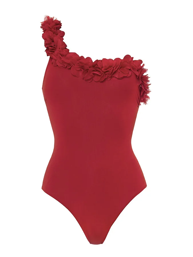 

Single Shoulder with Lace 2023 New Swimwear Female One Piece Swimsuit Solid Color Women Beach Wear Bodysuit Vacation Sexy