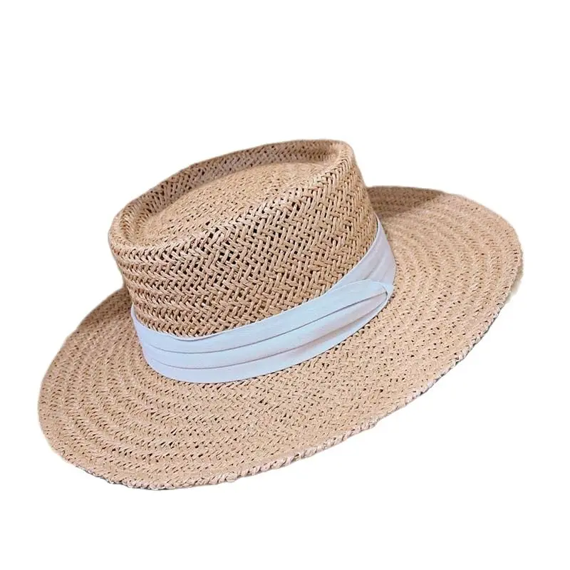 New Casual Handmade Women Summer Wide Brim Straw Hat Beige Ribbon