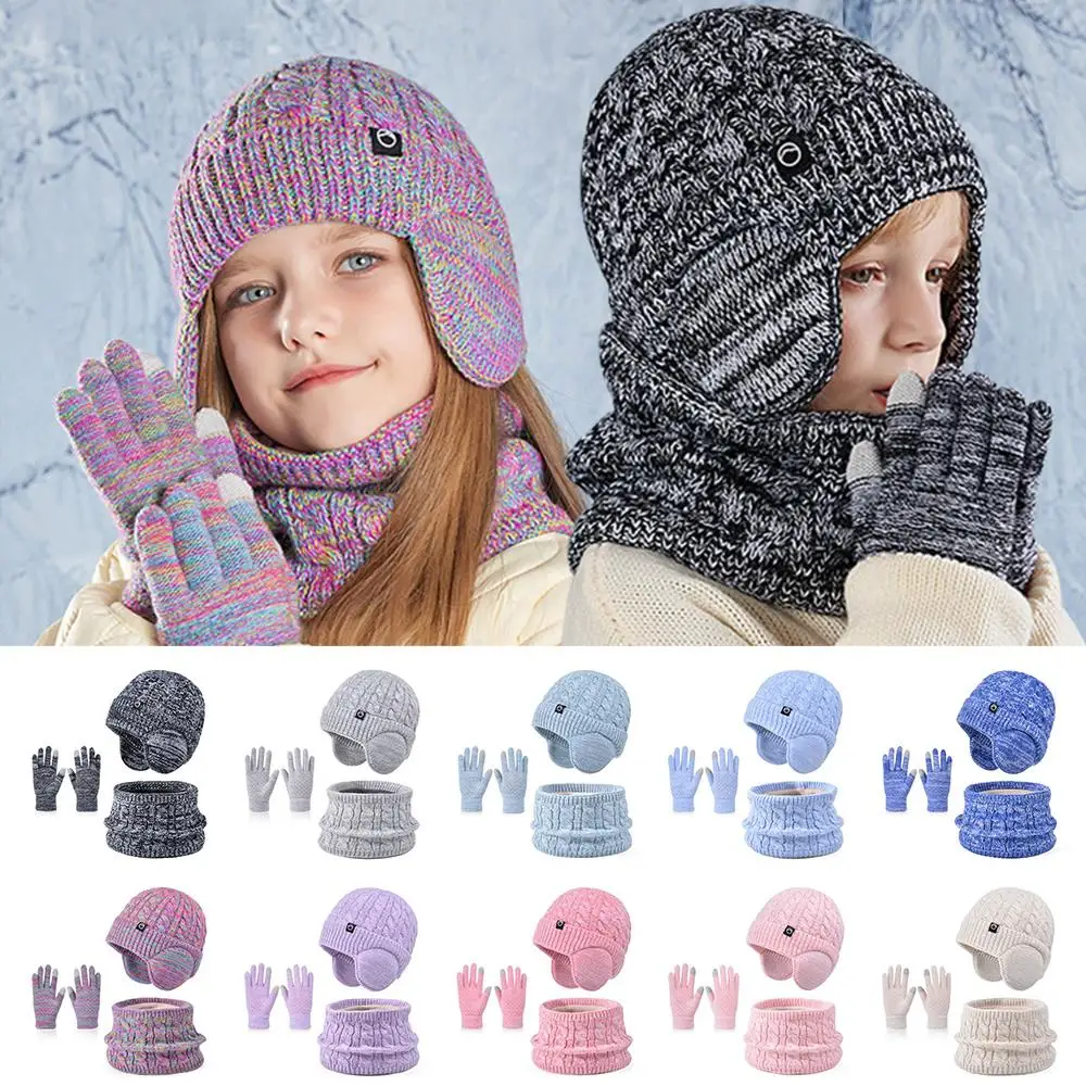 Fleece Lined Children's Hat Neck Scarf Gloves Set Winter Thick Neck Warmers Ear Protection Warm Touchscreen Gloves