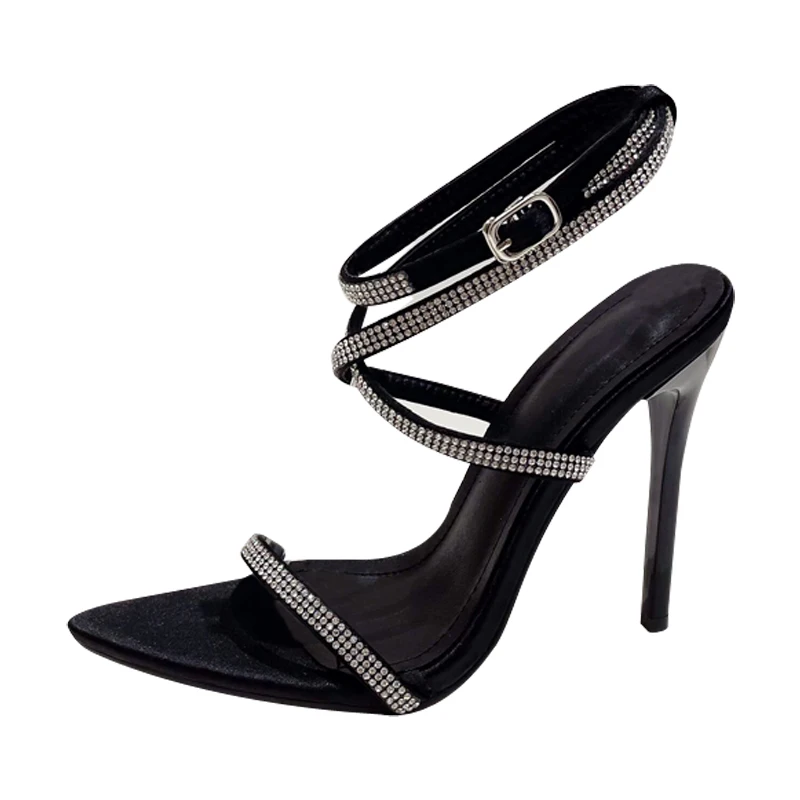 Pointed Peep Toe Suede Rhinestone Cross Strap Buckle Women's Sandals Stiletto High Heels Solid Color Sexy Gladiator Shoes Summer