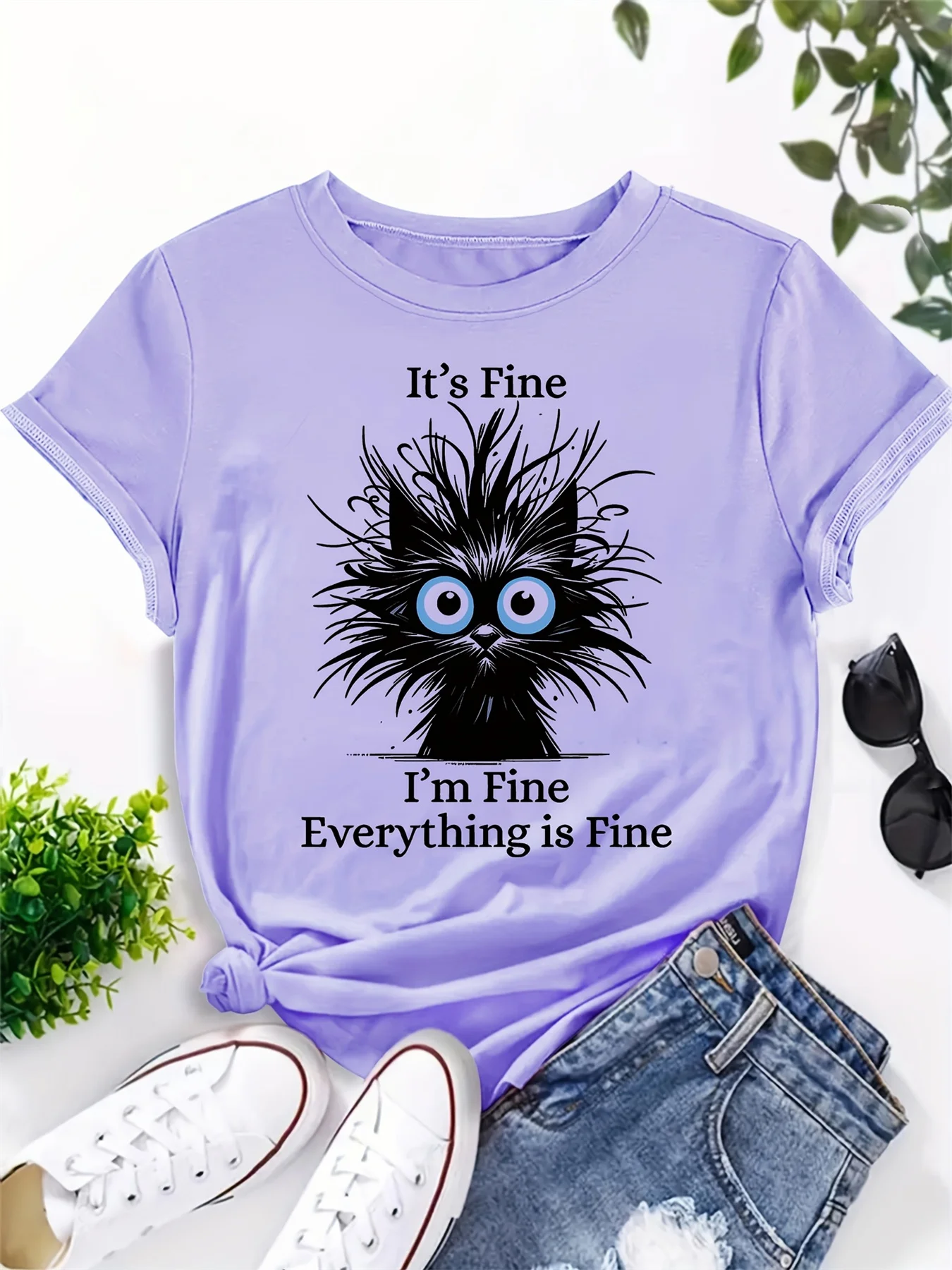 Summer women's 100% pure cotton satirical cat pattern printed casual and comfortable loose round neck short sleeved T-shirt top 6