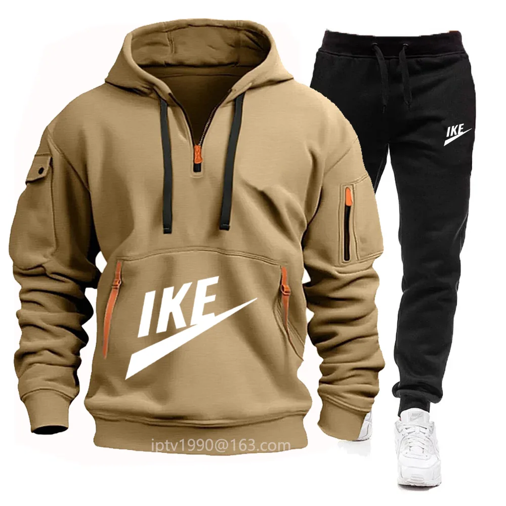 

2024 Spring and autumn men's new multi-pocket zipper hoodie + sweatpants two-piece jogging fitness sportswear suit
