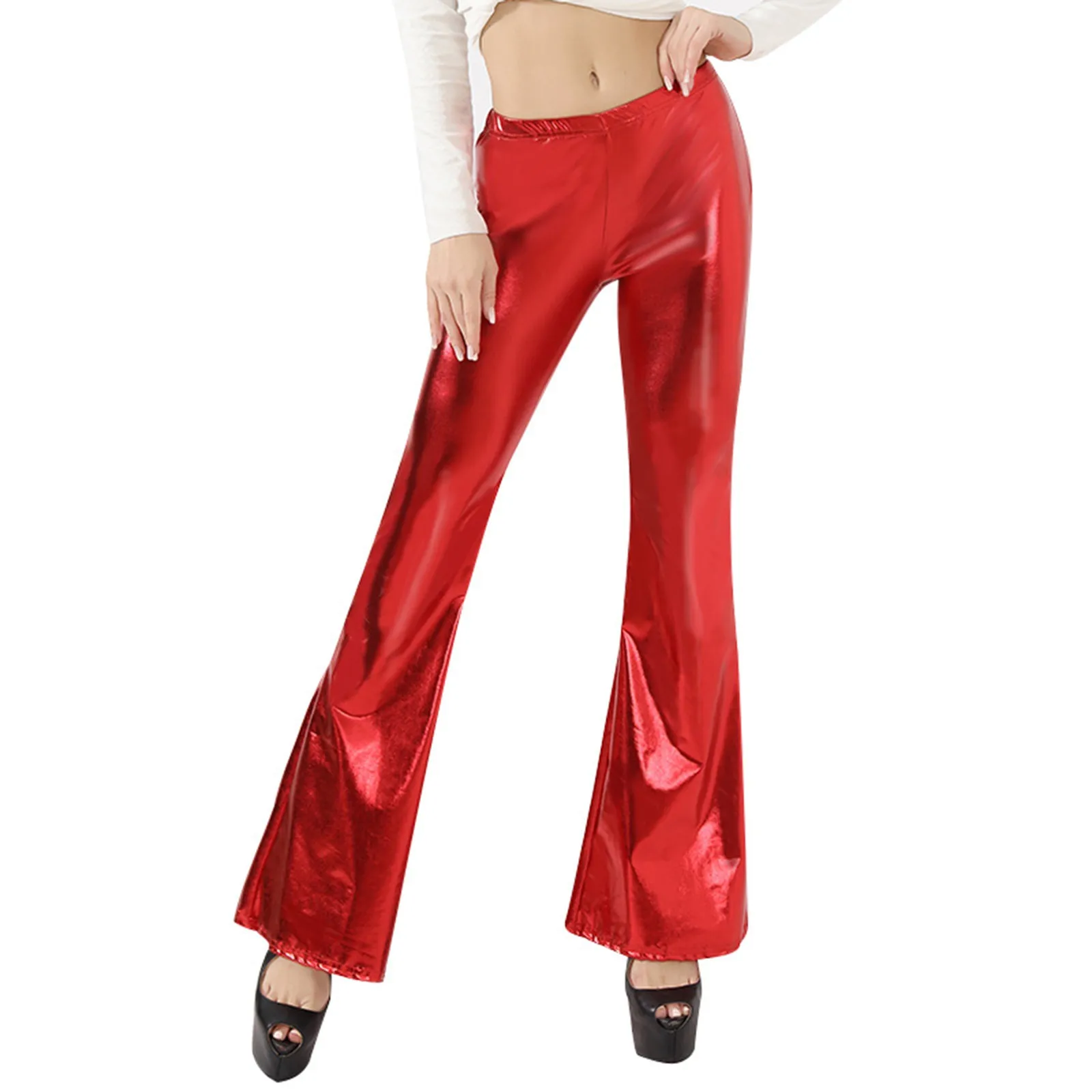 Women High Street Bell Bottoms Pants Shinny Pants Fashion Stretchy Wide Leg Pants Streetwear Harajuku Female Dance Trousers