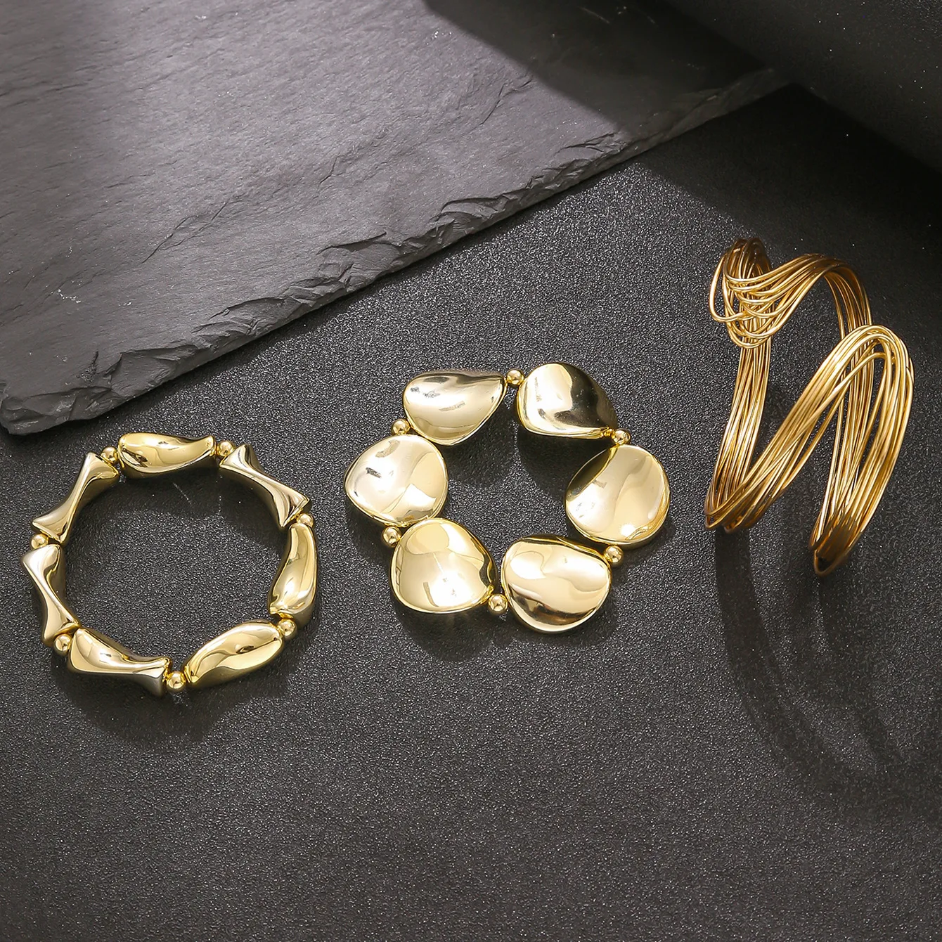 3 Pcs/set Geometric Twisted Lines Irregular Shaped Open Cuff Bracelet and Bangle Set for Women Punk Exaggerated Style Accessor