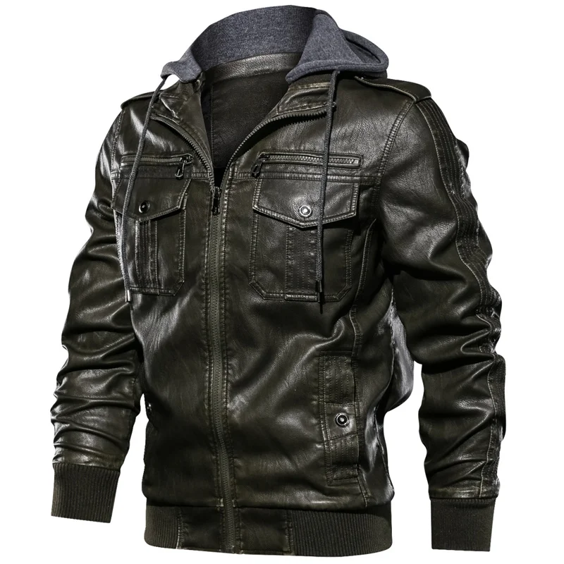 

New Jacket Men Casual Outwear Windbreaker Detachable Hooded Leather Jackets Mens New Autumn Winter Moto PU Faux Leather Coats