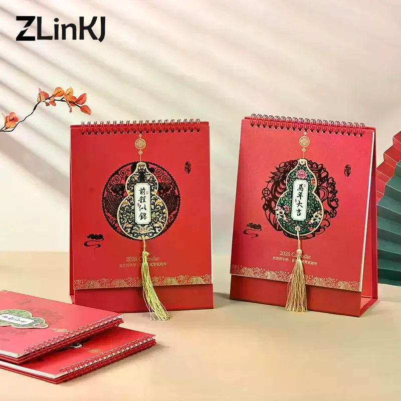 Calendario da tavolo per Capodanno cinese 2026, calendario da tavolo rosso di buon auspicio a tema zucca con nappa, festival tradizionale per l'home office