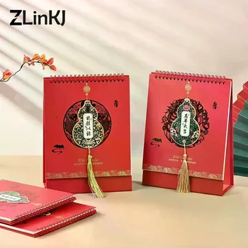 Calendario da tavolo per Capodanno cinese 2026, calendario da tavolo rosso di buon auspicio a tema zucca con nappa, festival tradizionale per l'home office