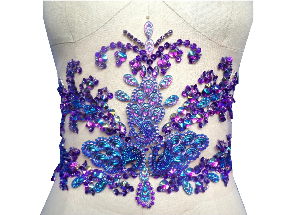Hand Made Crystals Trim Patches Sew On Sequins Beads Purple Rhinestones