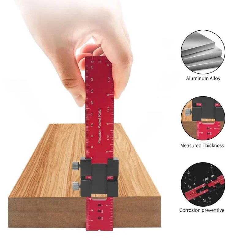 목공 도구 자, 포켓 자, 레이아웃 도구, T-트랙 금속 슬라이드 스토퍼가 있는 알루미늄 정밀 자, 인치 및 미터법 눈금