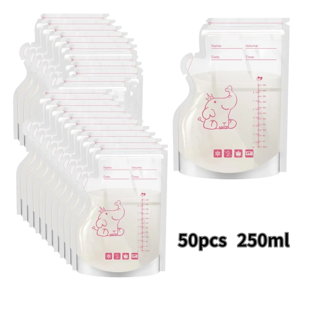 250ml 50pcs breastmilk storage bag elephant printing self standing no leak milk freezer bags BPA free